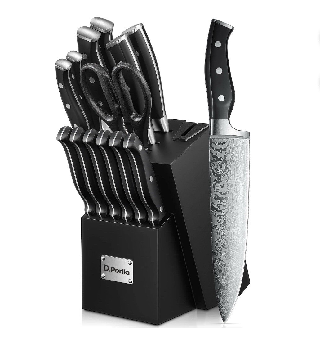 Knife Set, 14PC German Stainless Steel Knives w Built-in Sharpener-image
