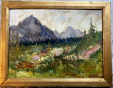 Oil painting landscape Alps around 1920 unreadable signed E. ... frame spring