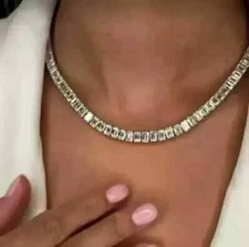 28Ct Emerald Cut Lab Created Diamond Tennis Women Necklace 14k White Gold Plated