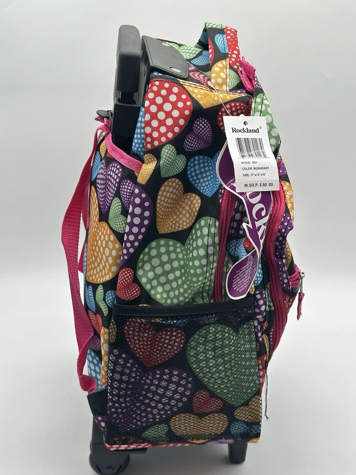 ROCKLAND ROLLING BACKPACK School Bag Travel Luggage Mesh Pockets New Heart 17″ - Image 3 of 4