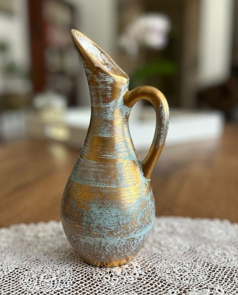 Vintage STANGL POTTERY #4056, hand painted, Aqua/Gold Pitcher Vase