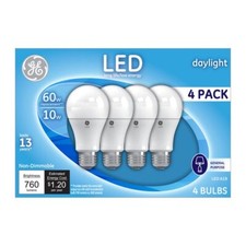 GE 4-Pack 60 W Equivalent Daylight A19 LED Light Fixture Light Bulbs, 10 watt,