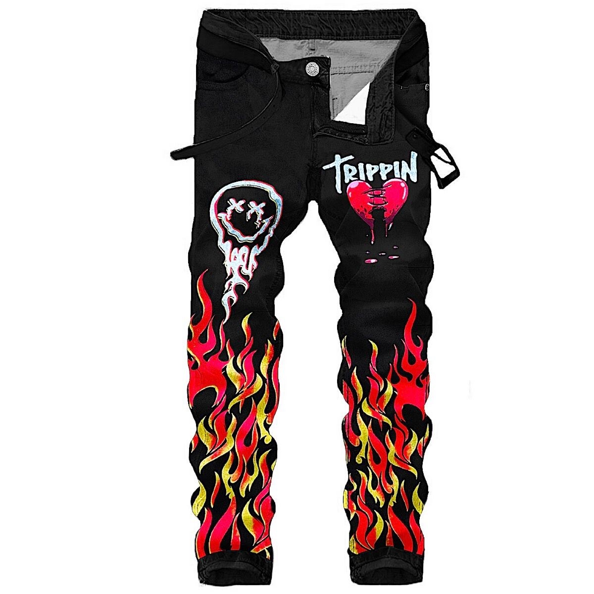 Skinny Fit Jeans Fiamme Flame Print Jeans Retro Hip Hop Loose