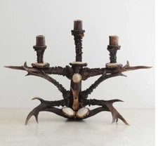 Antlabo Single Vintage Homemade Real Antler 3-Candle Holder, 16"Wide 12" High