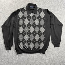 Grant Thomas Mens XL Italian Merino Wool Argyle Polo Sweater Black Grey Read