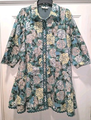 Entro Womens Ric Rac Trim Puff Sleeve Baby Doll Floral Button Boutique Dress M