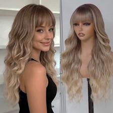 Long Blonde Highlights Wigs with Bangs 26Inch Wavy Curly Hair for Women Tangle F