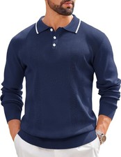 Mens Long Sleeve Knit Polo Sweater Vintage Casual Pullover Top Lightweight Breat