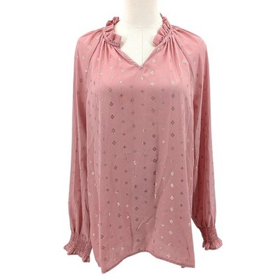 Rose Gold Metallic Peasant Blouse Ruffle Neck Smocked Sleeve Romantic Size L