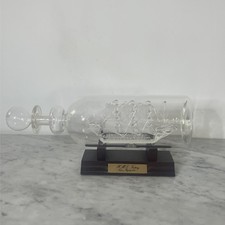Glass Ship In Bottle On Wooden Plinth HMS Victory Nelson Flagship 1805 Vintage