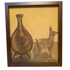 Vintage Jose Rios T Painting "Llamas and Vase" Folk Art 1962 Signed original