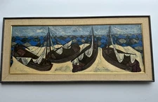 LARGE MID CENTURY PAINTING COASTAL BEACH BOATS MODERNISM EXPRESSIONISM PAUL GREY