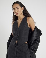River Island Womens Waistcoat Black Sleeveless Pinstripe Cropped V-Neck Top