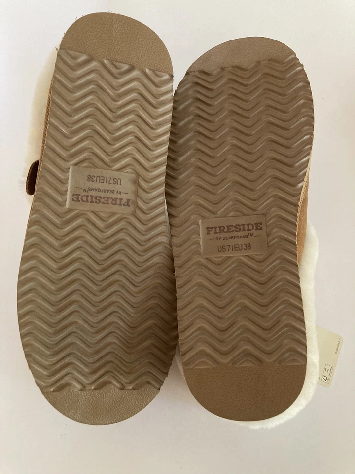 Chinelos Fireside By Dearfoam tamanho 7 100% couro castanho shearling genuíno novo com etiquetas - Imagem 2 de 4