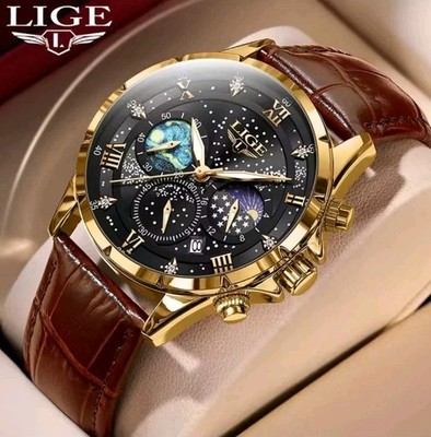 Lige  Herren Echtleder Sportuhren luxus Herrenuhr Datum Quarzuhr Wasserdicht