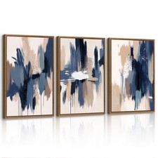 3Pcs Quadri Moderni Astratto Beige Blu Acquerello Stampa Su Tela Con