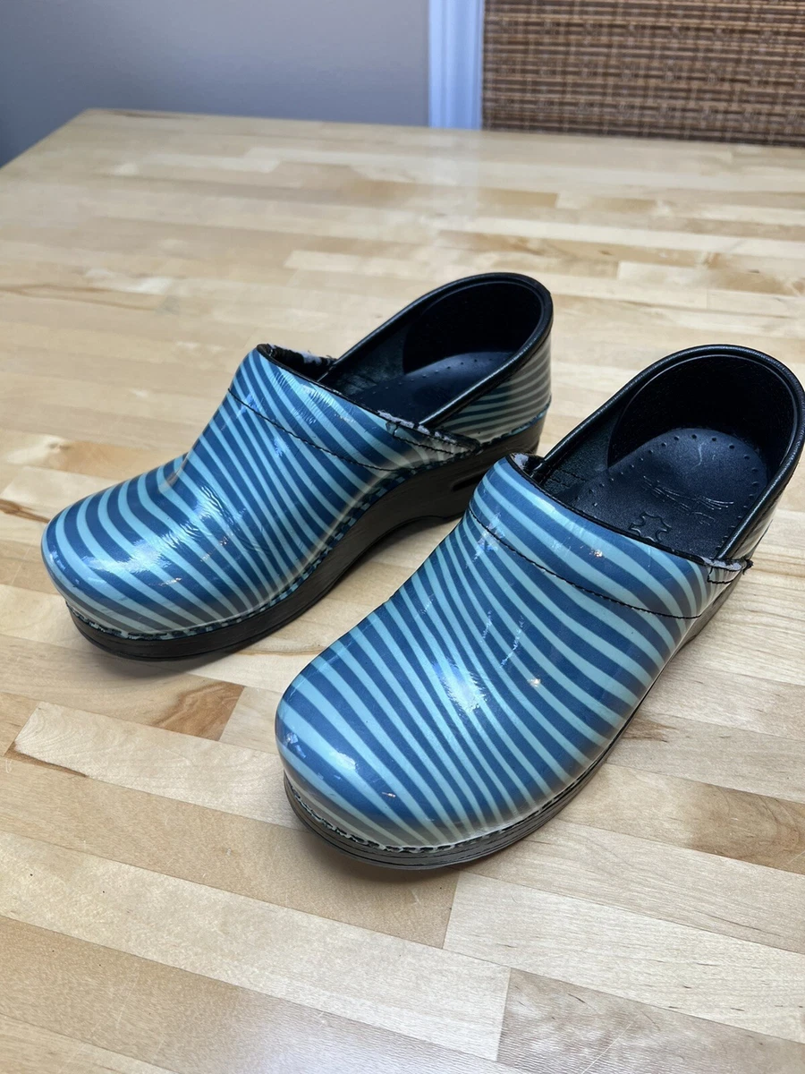 Dansko Clogs Womens 37 Professional Blue Green Candy Stripe Patent Leather