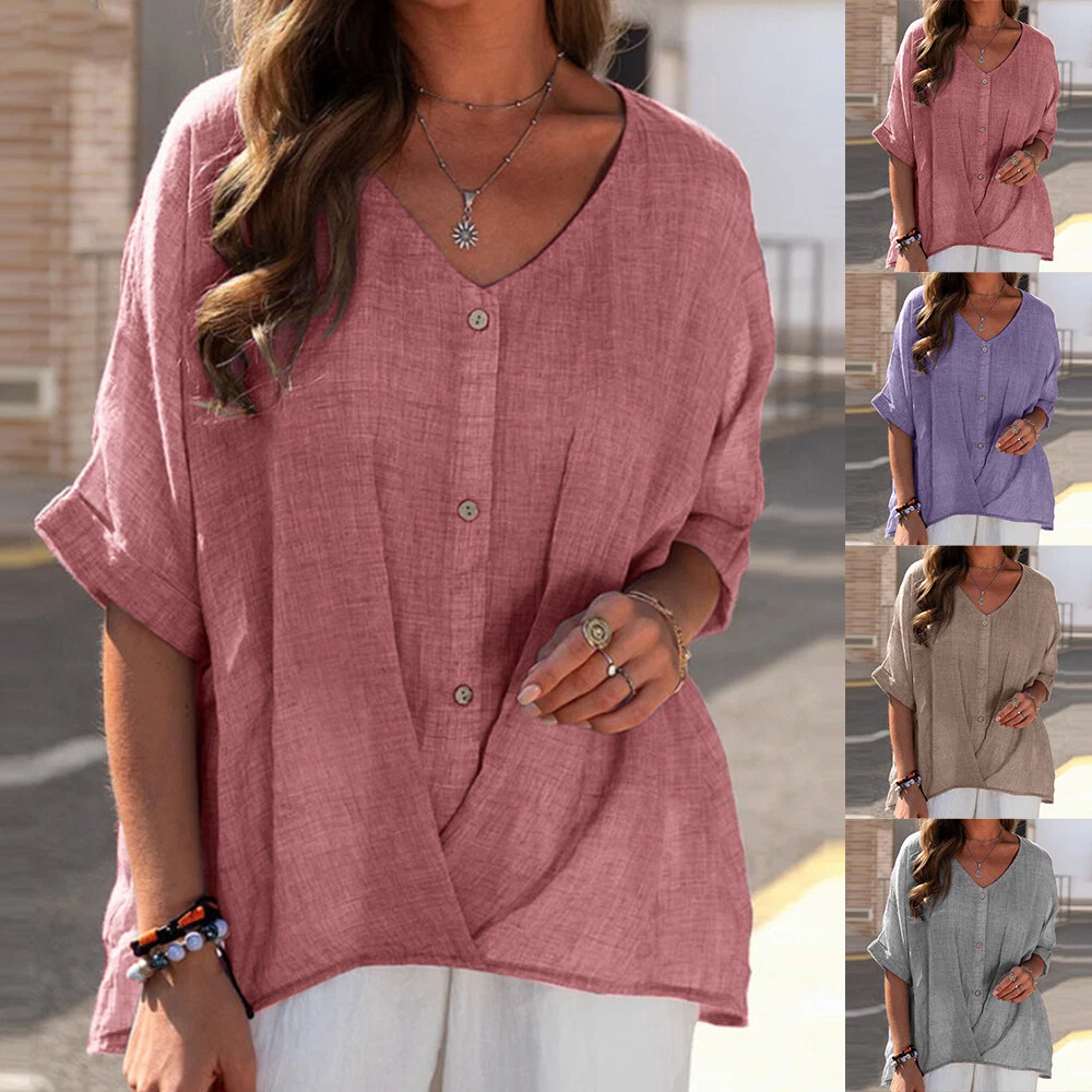 Women V-Neck 3/4 Sleeve Button T-Shirt Casual Solid Loose Shirts Blouse  Pullover | eBay