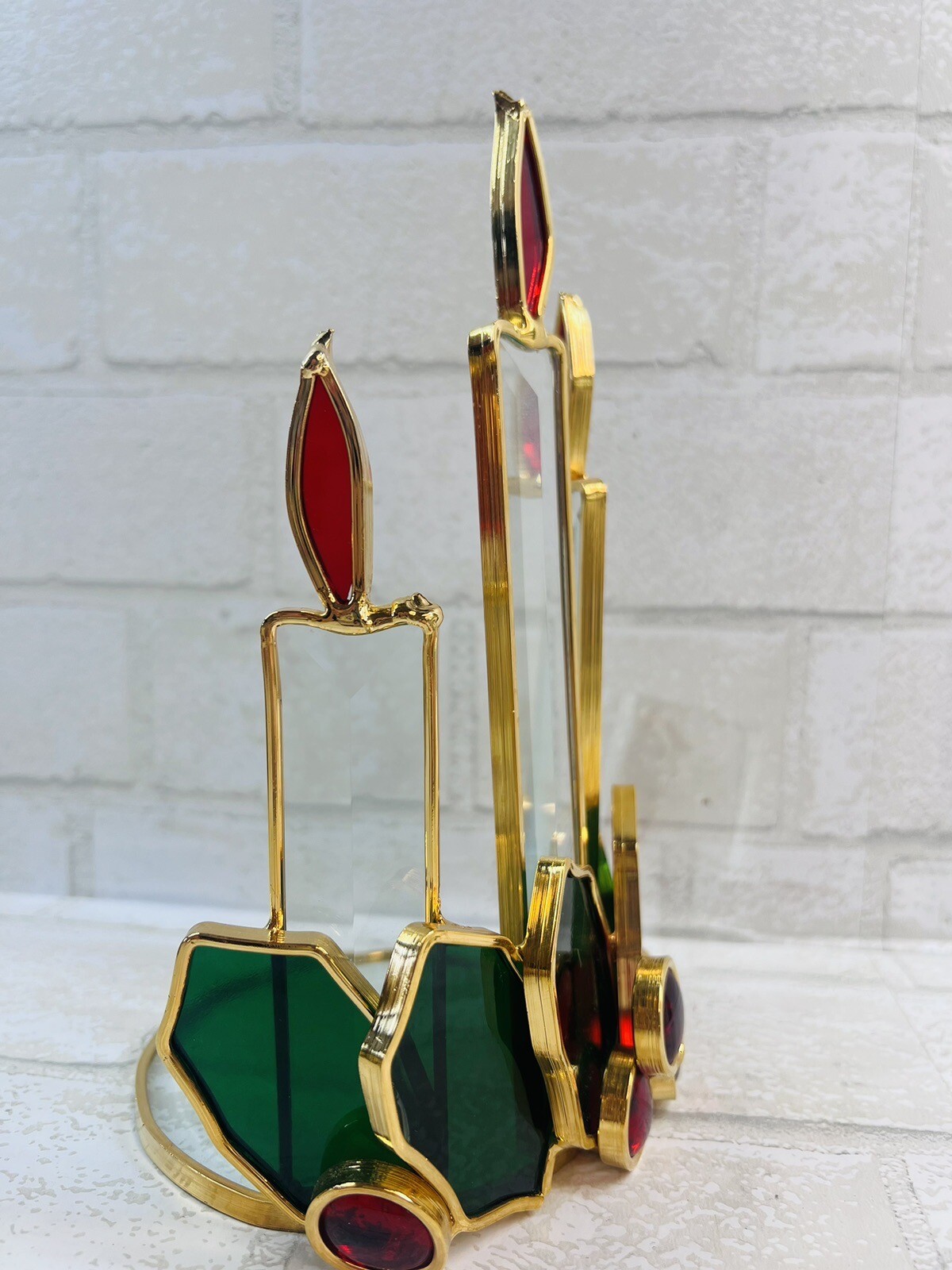 Vintage Leaded Stained Glass Candle Holder 3 Candles Holly Christmas eBay