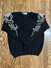 Vintage Gladys Bagley Silk/Angora/Lambswool Black Sweater Heavy Pearl Beading M