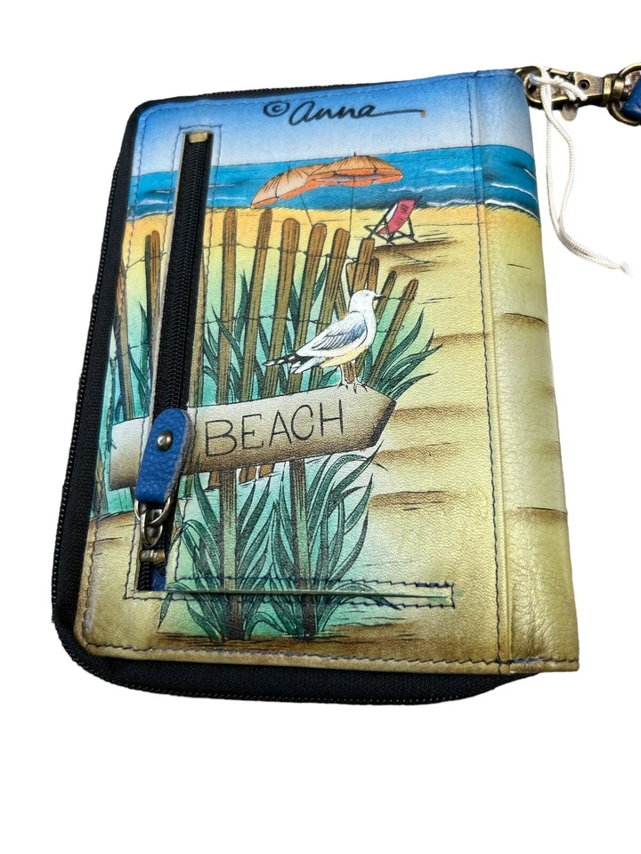 ANNA ANUSCHKA ~ DÍA DE LA PLAYA CUERO PINTADO A MANO ~ CARTERA DE PULSERA ~ Hecho a mano ~ RARO Foto 2 de 4