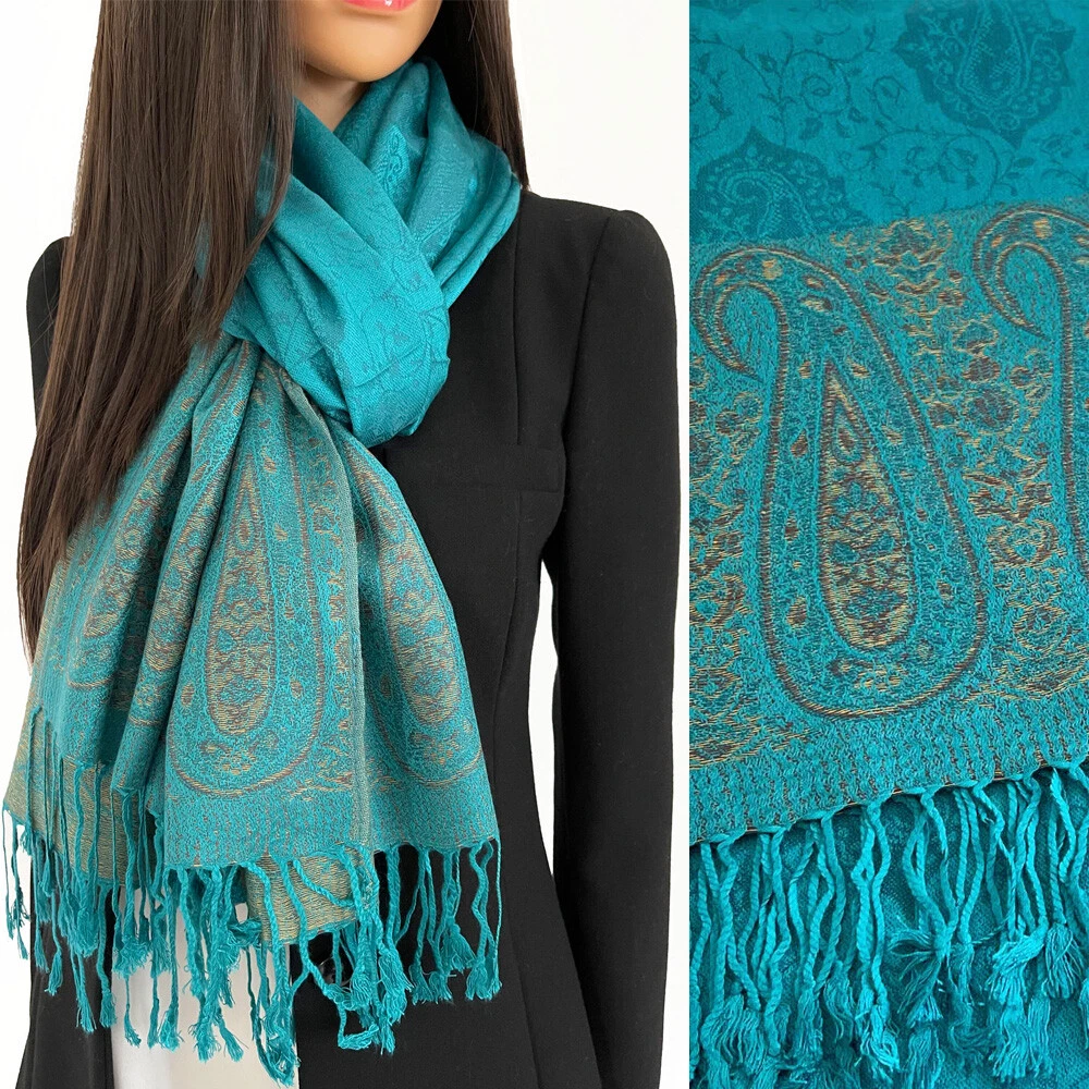 Teal Turquoise Large Paisley Pashmina Shawl Wrap Evening Scarf