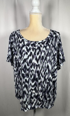 Calvin Klein Women Blouse Shirt Top 1X Short Sleeve Cotton Stretch Blue Black NW