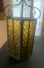 Vtg Spanish Revival Wrought Iron Amber Textured Light Plug In Swag Chandelier