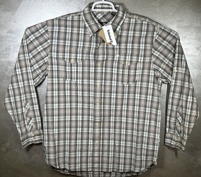 TIMBERLAND Flannel Plaid Button Down SHIRT Sz Mens L Regular Fit Dirty Khaki NWT