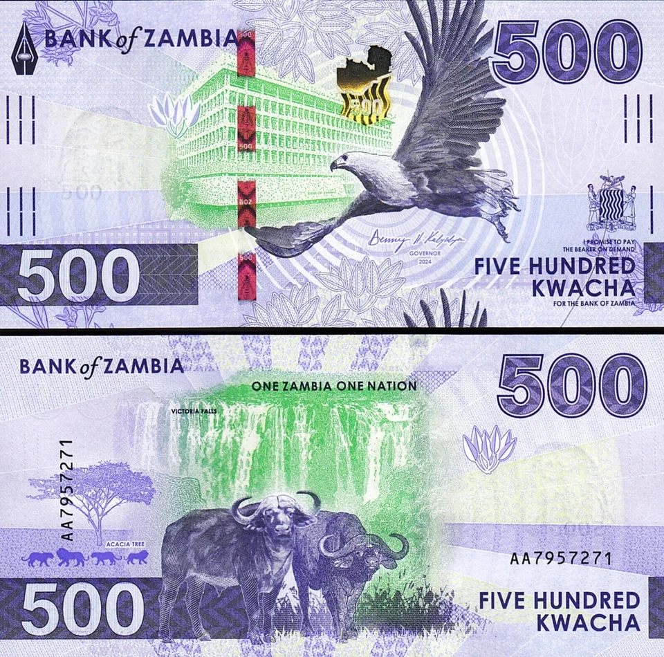 Zambia 4 Pcs SET, 10 20 200 500 Kwacha 2024 2025, UNC, P-62 63 66 67 New Design - Image 2 of 4