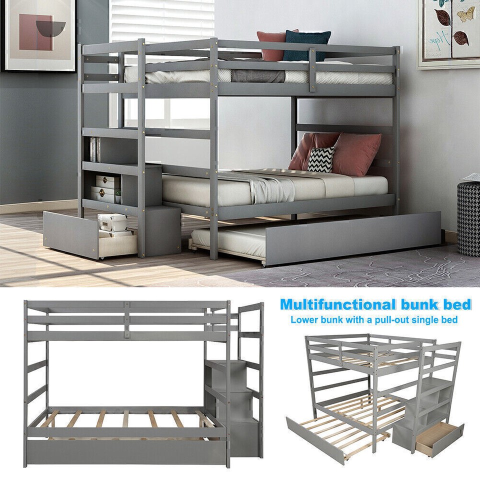 Full Over Full Bunk Bed with Twin Trundle & Storage Stairway Wood Kids