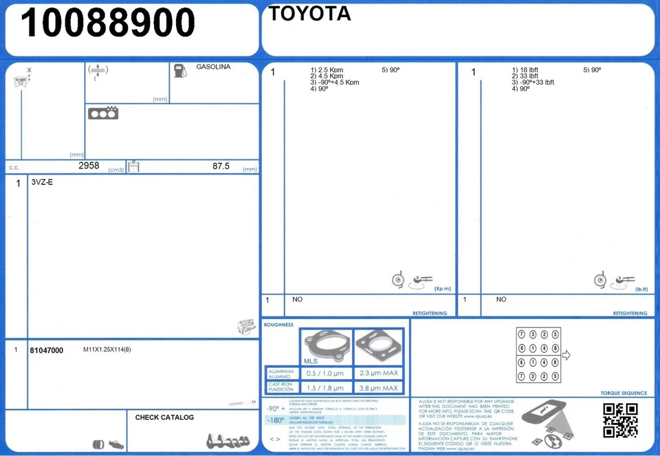 Cylinder Head Gasket Set TOYOTA T 100 V6 3.0 143 3VZ-E (8/1992-) - Image 2 of 2