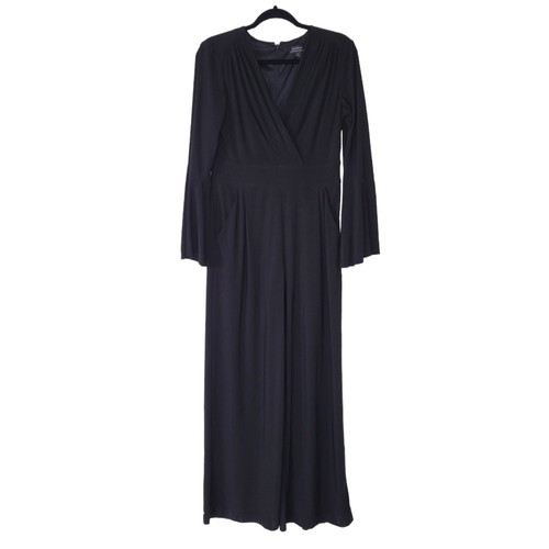 Tahari ASL Jumpsuit Size 6 Black Long Bell Sleeves Surplice Wide Leg Pockets