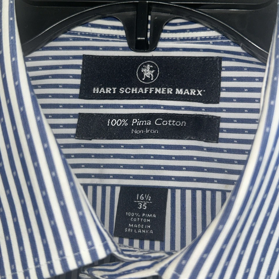 Camisa de vestir Hart Schaffner Marx 16 1/2-35 100 % algodón Pima sin hierro rayas azules Foto 2 de 4