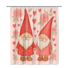 Cute Gnome Shower Curtain with Hearts and Roses, Pink Fabric
