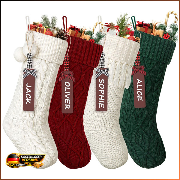 Weihnachtsstrumpf 4Er Set 46Cm Gestrickt Rot Weiß GrüN Mit Namensschildern Deko-image