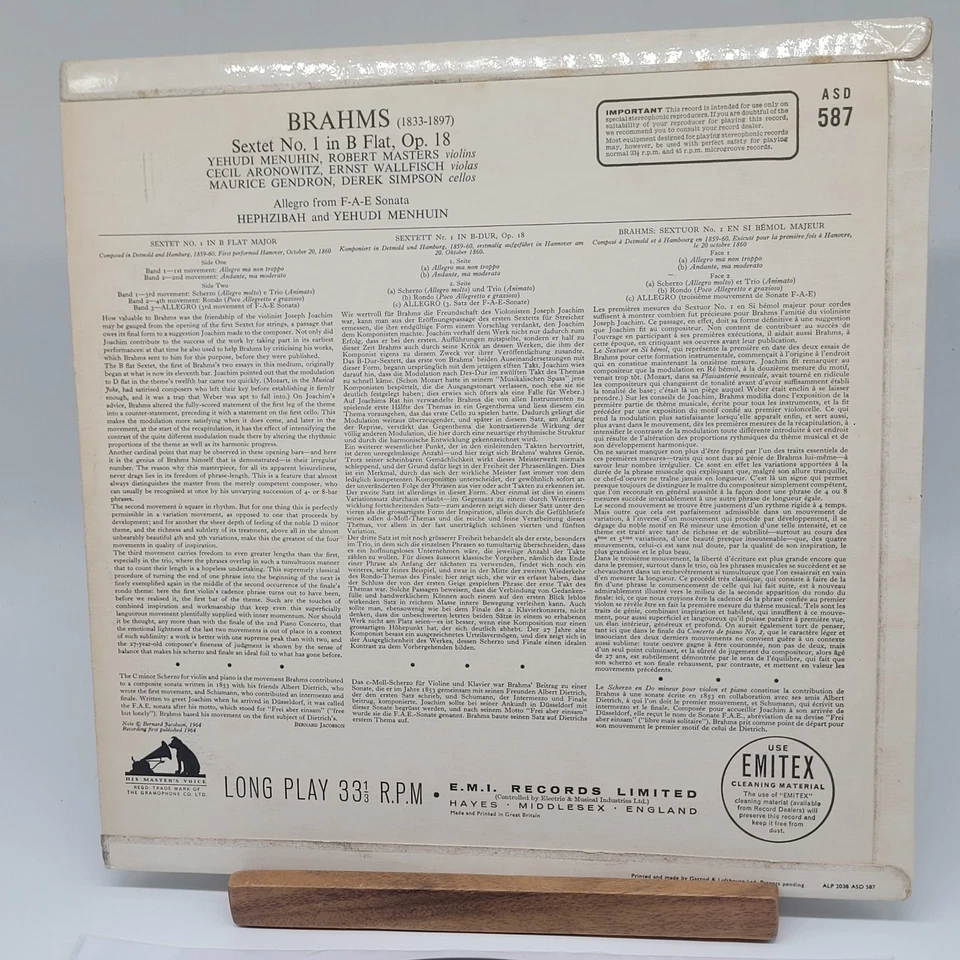 Factory Sample Brahms Sextet No.1 Allegro From F-A-E Sonata UK Import Album - Image 4 of 4