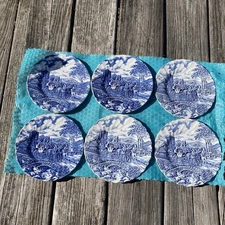 6 Myott Royal Mail Blue/White Staffordshire England Dessert Pl. Horse & Carriage