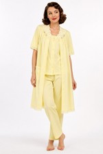 vintage 60s 70s SHADOWLINE 3 piece pajama set LARGE robe top pants yellow lace