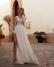 Long Sleeve Chiffon Wedding Dress for Women Backless Lace Boho V Neck Bride Gown