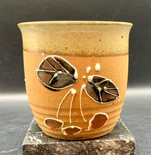 Hand Painted Fruit Cherries Pottery Planter Orange Enamel Raised Relief 4" Tall