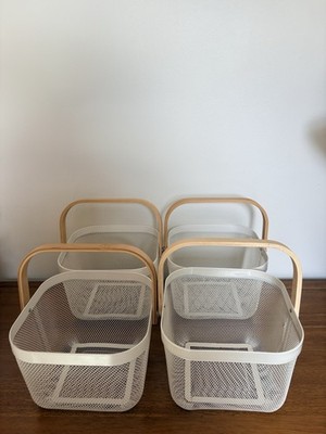 4er Set moderne weiße Drahtrahmen Metall Aufbewahrungskörbe, Behälter Holzgriff