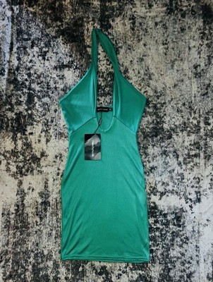 NWT PrettyLittleThing Green Ribbed Halter Bodycon Mini Dress | US 4