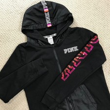 Victoria's Secret PINK Black Rainbow Sequin Logo Full Zip Hoodie Sweatshirt M