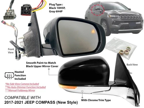 Mirror for JEEP COMPASS 2017-2021 Signal Blind Spot Chrome Trim Passenger Side