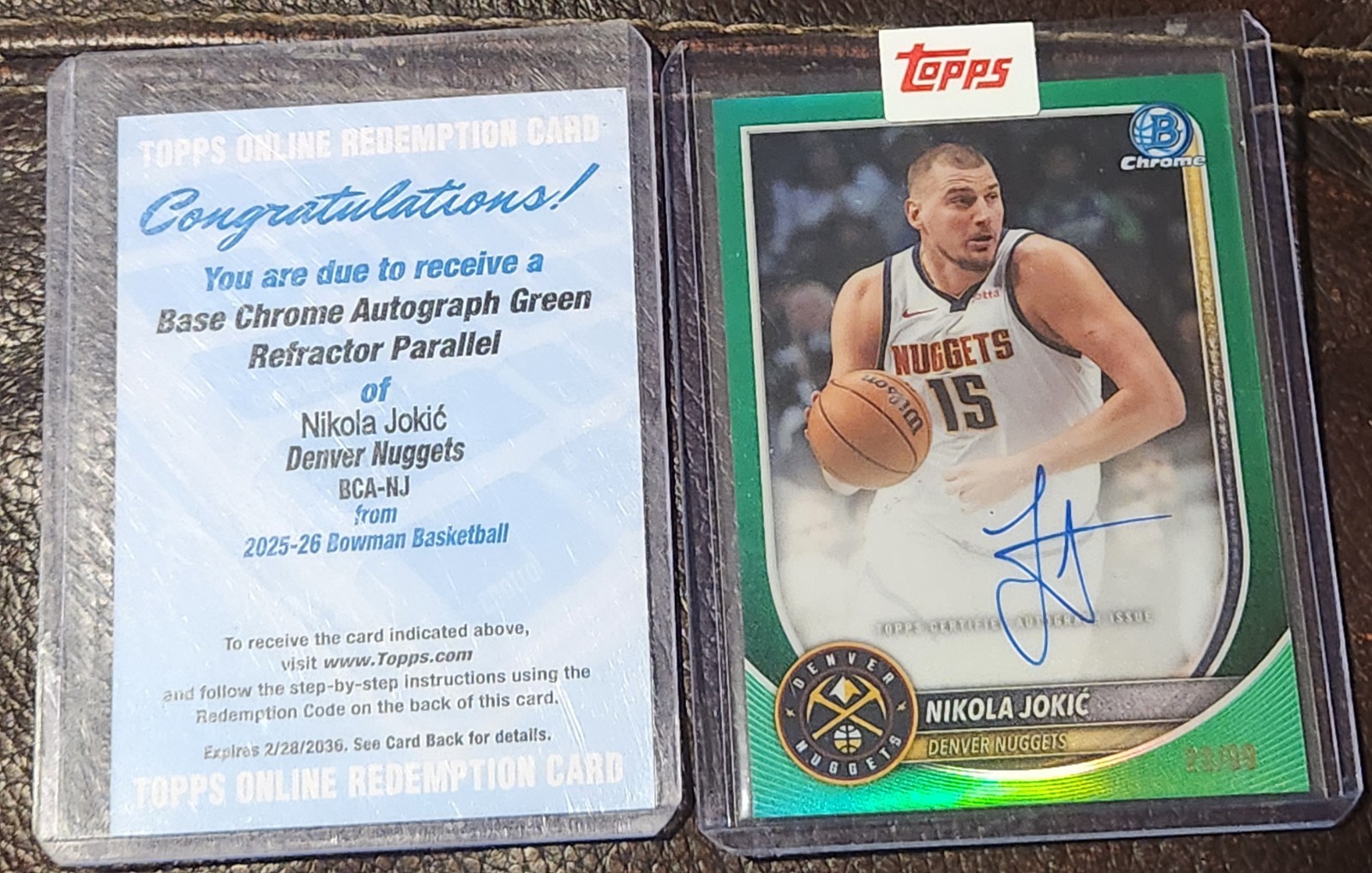 Nikola jokic redemption card an Topps issued  Nikola jokic green refractor/99