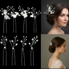 8 Piece Bridal Hair Pins Set with Pearl and Zircon Flower Accents, White Silver