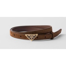 Prada 2025 Cocoa Brown Suede Triangle Logo Thin Skinny Womens Belt Size 80