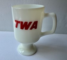 Vintage TWA Trans World Airlines Pedestal Coffee Mug Tea Cup Milk Glass 8 Oz.