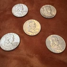 Ben Franklin Silver Half Dollars 1952 Lot of 5, 90% Silver random dates 58 -63